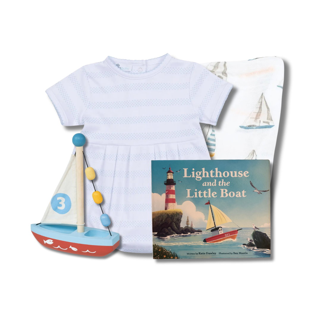 Decorative image of blue and white striped baby onesie, sail boat print swaddle blanket, wooden sailboat toy, and picture book
