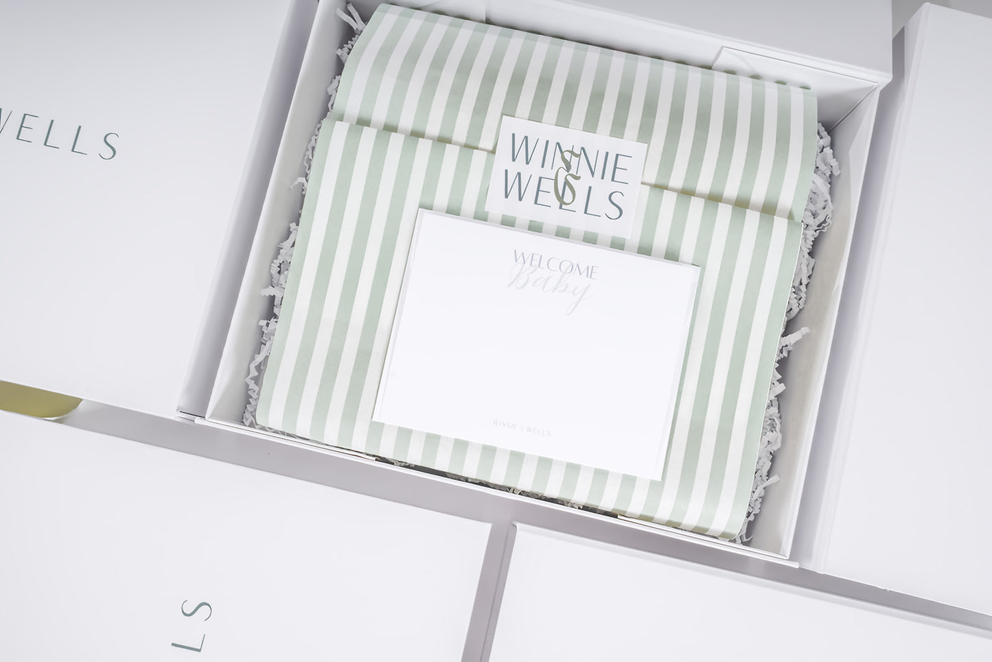 decorative image of open gift box with green and white striped tissue paper, Winnie & Wells sticker and blank note card