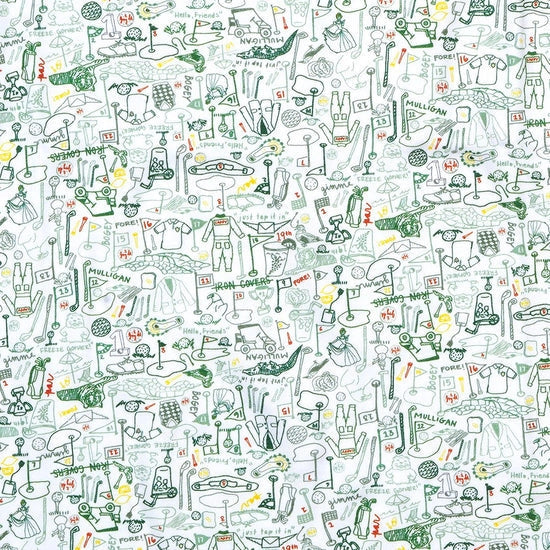 Pattern of golf-themed illustrations on a white background