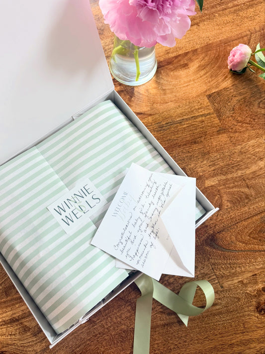 Curated luxury baby shower gift boxes from Winnie & Wells, including the Little Caddie, Lovely Magnolia, and Timeless Teddy.