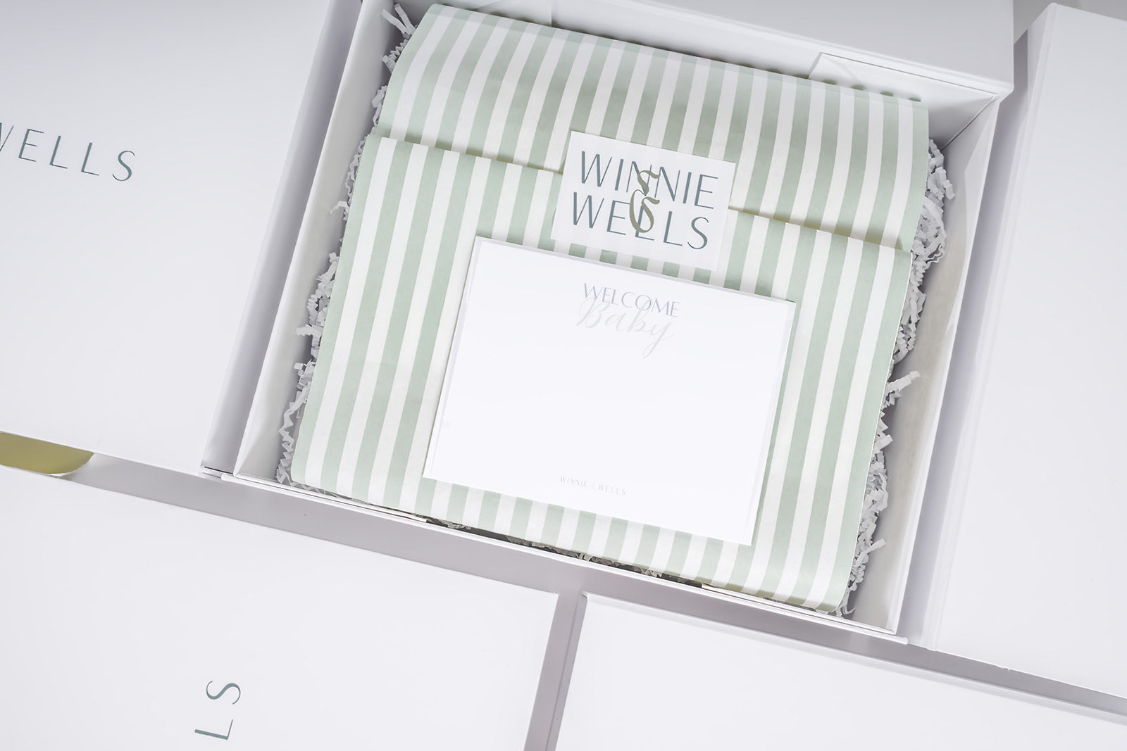 decorative image of open gift box with green and white striped tissue paper, Winnie & Wells sticker and blank note card